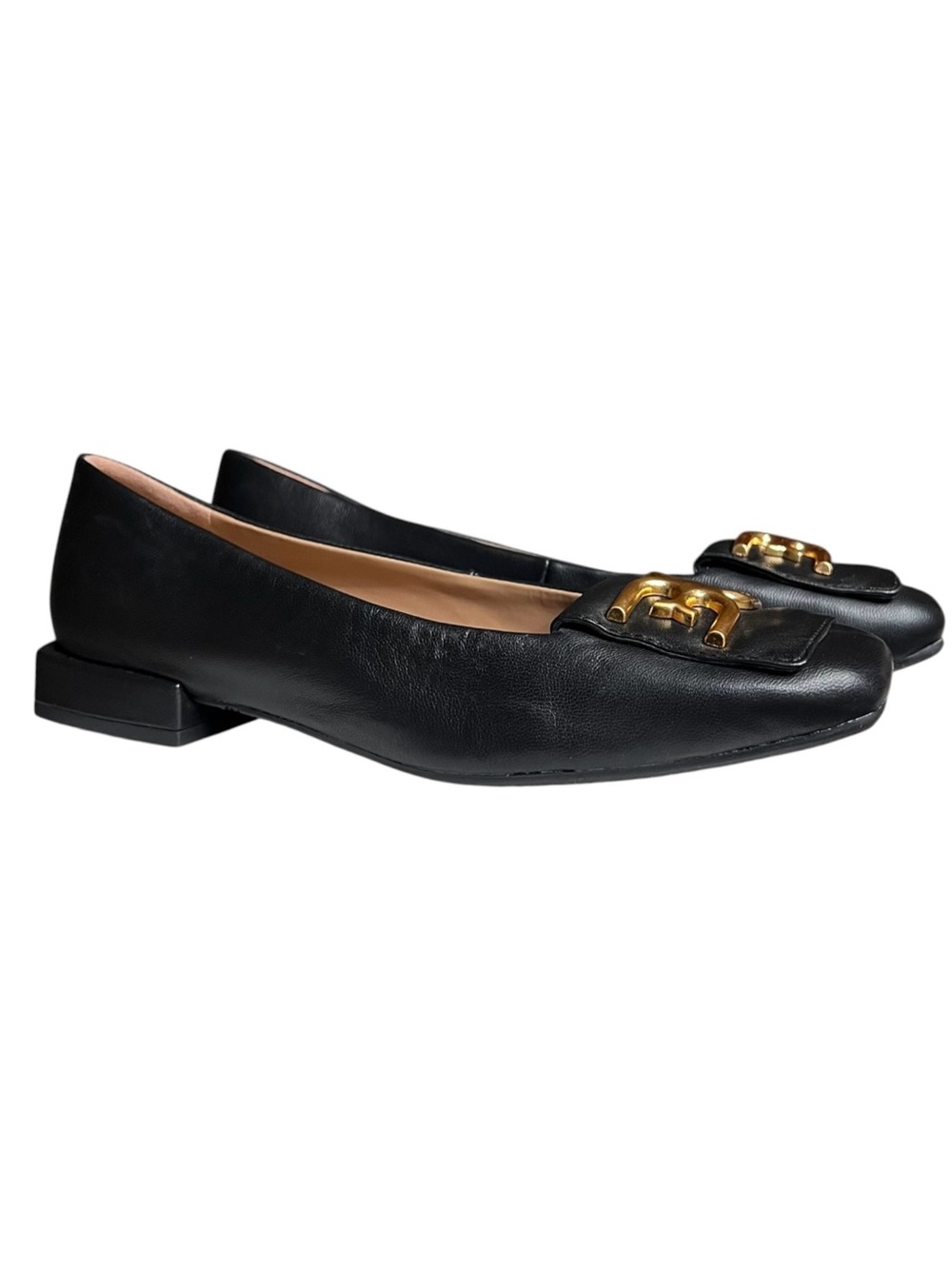 🌻NEW Sam Edelman Emina Square Toe Flats Black Gold Hardware Slip On 1" Heel 6.5 - Picture 3 of 10